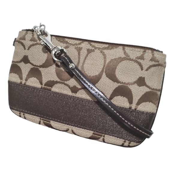 COACH Signature Stripe Small Wristlet Wallet Khaki Mahogany Brown F47790 - Picture 7 of 11